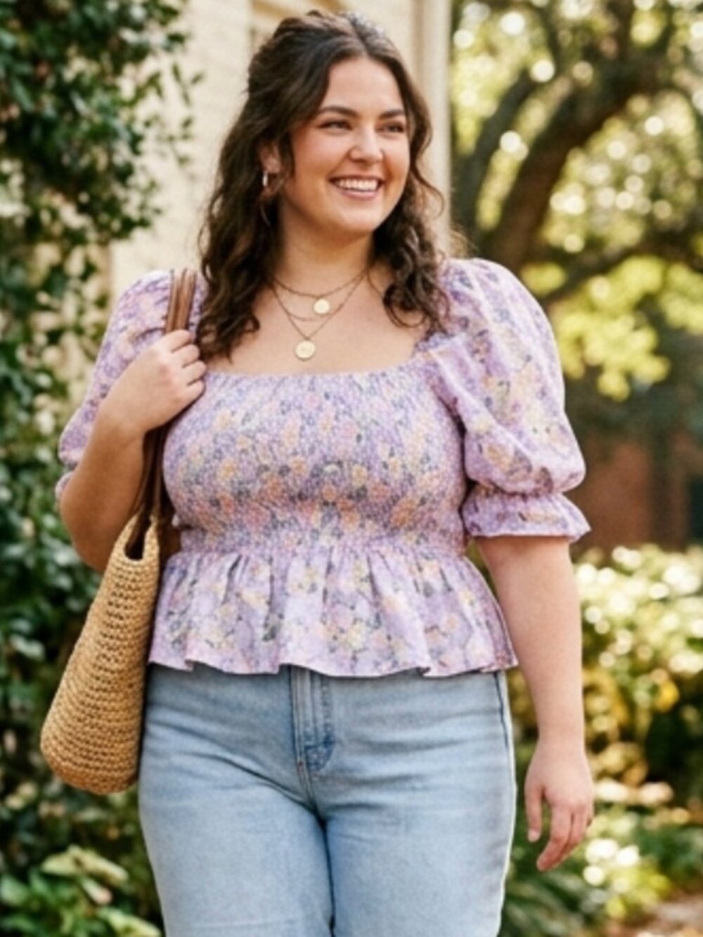 Arula Floral Peasant Blouse Plus Size [Size] Pastel Lavender Puff Sleeve Tie Bac